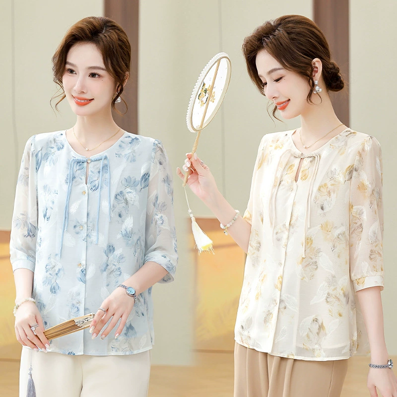 Летняя рубашка в стиле мамы, новинка 2025 года, топы для женщин среднего и пожилого возраста 40 и 50 лет, новая рубашка в китайском стиле, новый стиль