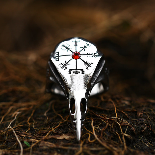  New Viking Crow Gemstone Stainless Steel Ring European and American Retro Compass Titanium Steel Men's Ring
