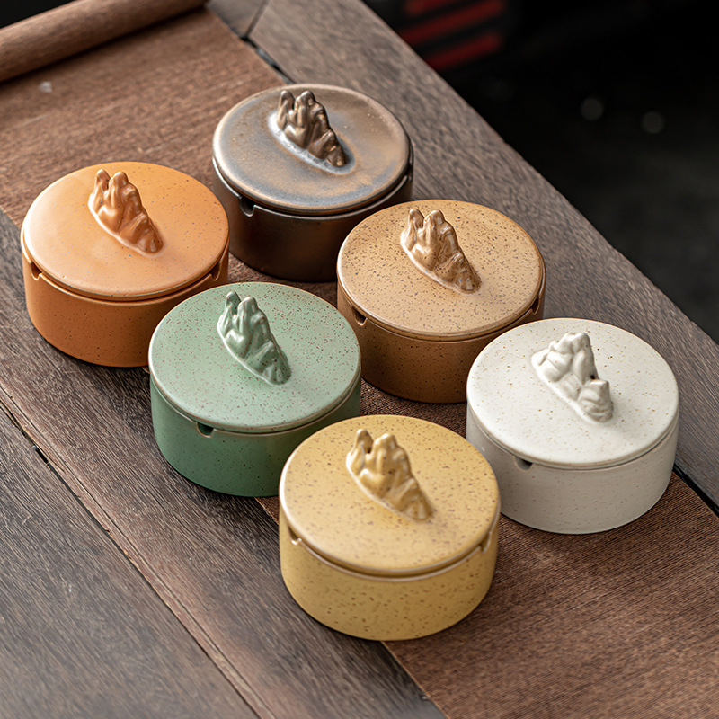 Rough Pottery Ashtray Japanese Style Windproof With Cover Household Zen Tea Room Ashtray Creative Dual-purpose With Incense Holder