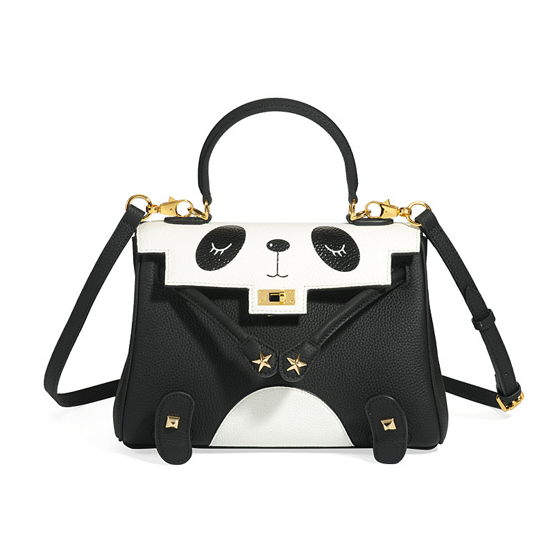 Trendy women's bag cross-border popular hand-stitched panda Kelly closed-toe layer cowhide lychee pattern handbag