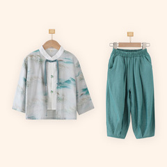 子供の漢服の男の子の唐の服装の春と秋の長袖のスーツの国の風の新しい中国式の偽の2つの幼稚園の公演の服装