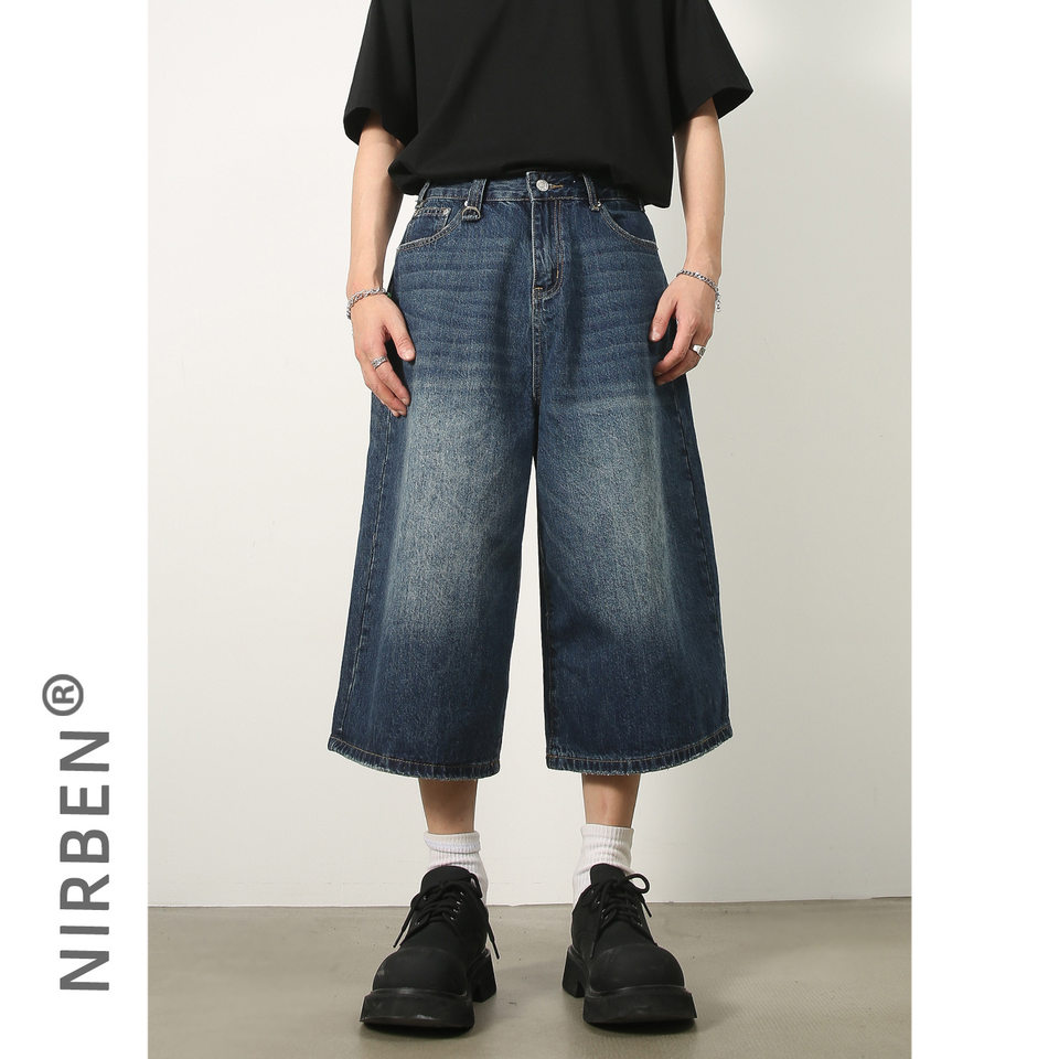 Quần short denim nam ống thẳng dáng suông giặt làm cũ — Denim thô màu xanh, Làm cũ, Màu trắng, Màu đen thô