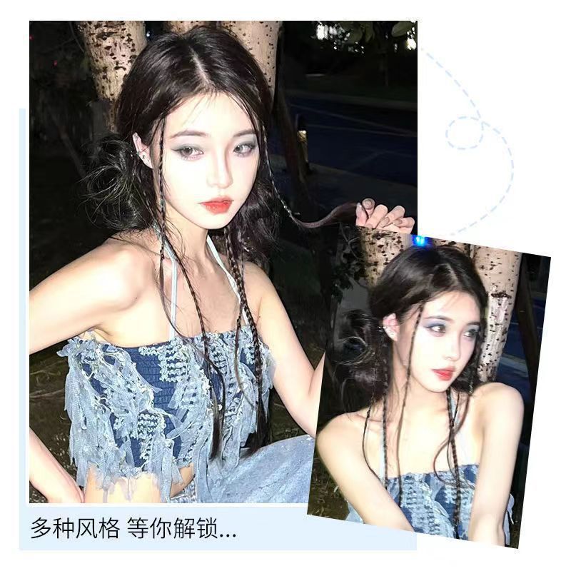 Wig Braids for Women, Ponytail, Y2K Boxing Braids, Synthetic Hair, Double Y2K Style Curly Hair, Bowknot, Double Wig Ponytail