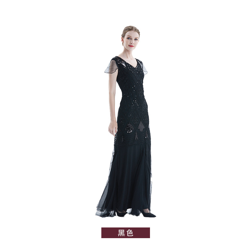 1920s Comercio exterior nuevo bordado hecho a mano con cuentas lentejuelas Amazon vestido europeo y americano banquete vestido pequeño lote