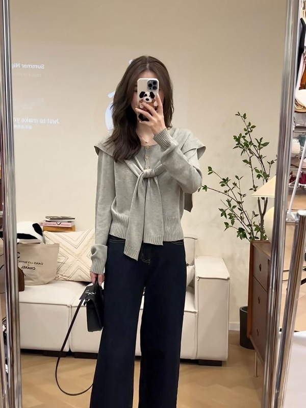 秋季女装新款日韩时尚休闲慵懒风披肩圆领长袖针织开衫毛衣两件套|undefined