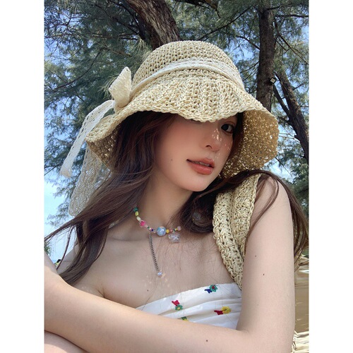 Bowknot Lace Fringe Straw Hat Women's Beach Resort Hollowed Out Wide Brim Sunscreen Sunshade Fisherman's Cap Bucket Hat 