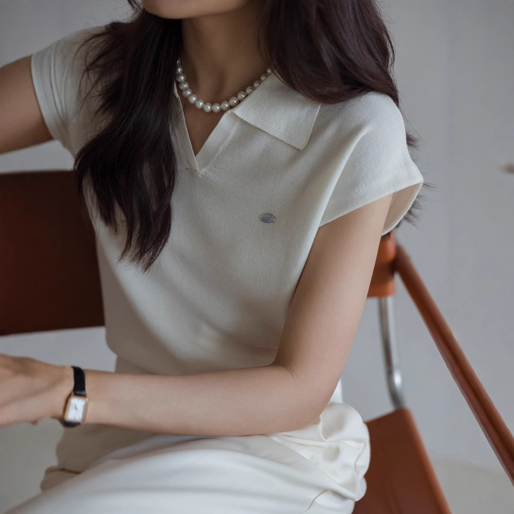 白色亚麻天丝翻领针织短袖女2025新款夏气质短款polo衫上衣