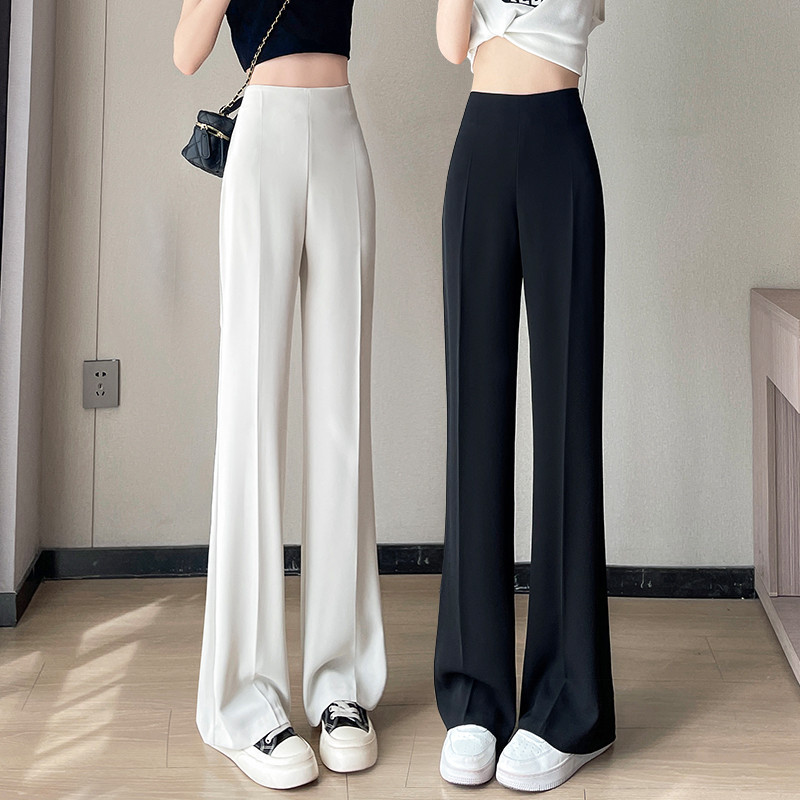 In-Stock 2026 Summer Ice Silk Suit Pants with Side Zipper, Straight Thin Flared Pants, High-Waisted Narrow Wide-Leg Pants for Women