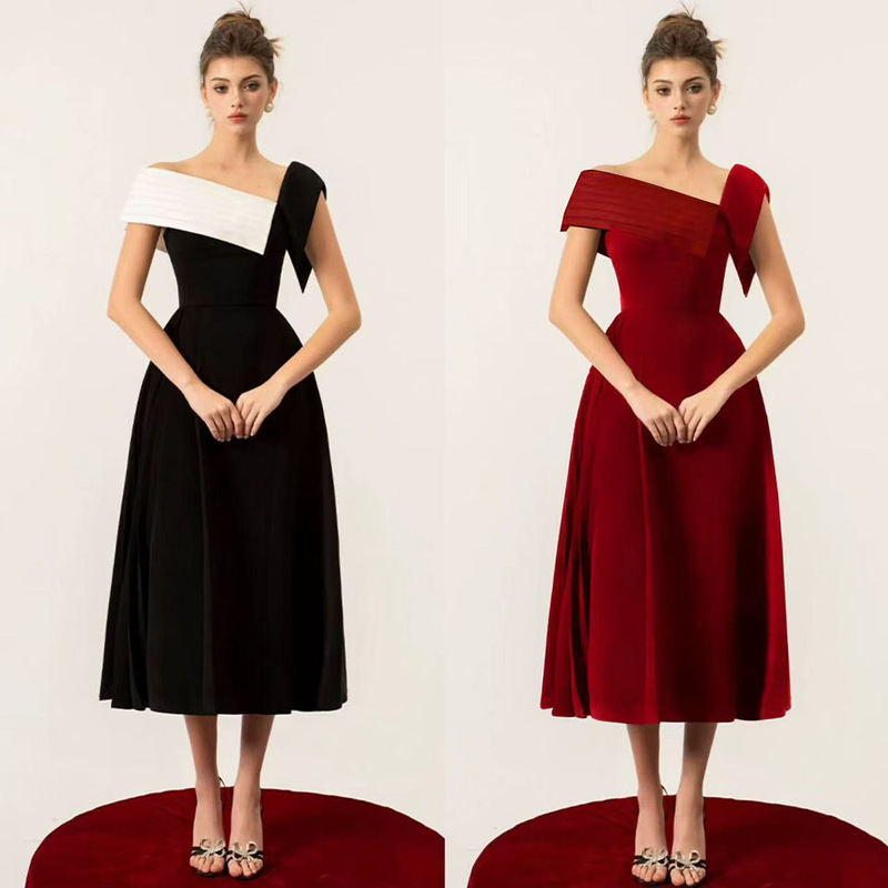 Vietnamese Niche Designer Elegant Slant Neck One-Shoulder Dress Skirt Black and White Contrasting Color Waist Slimming Look Dress 1988 Vietnamese Niche Designer Elegant Slant Neck One-Shoulder Dress Skirt Black and White Contrasting Color Waist Slimming Look Dress 1988