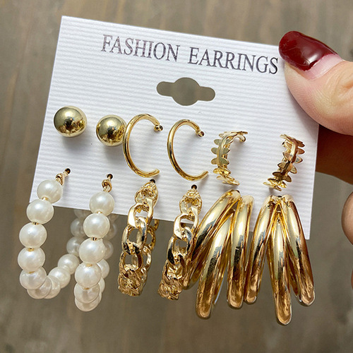 6-Piece European and American Earring Set for Women—Cross-Border, Exaggerated Geometric Design with Pearl and Diamond-Inlaid Earrings—Factory Wholesale