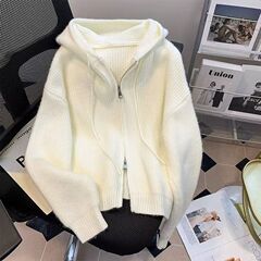 慵懒风拉链连帽针织衫毛衣外套女秋冬新款新品感宽松开衫上衣