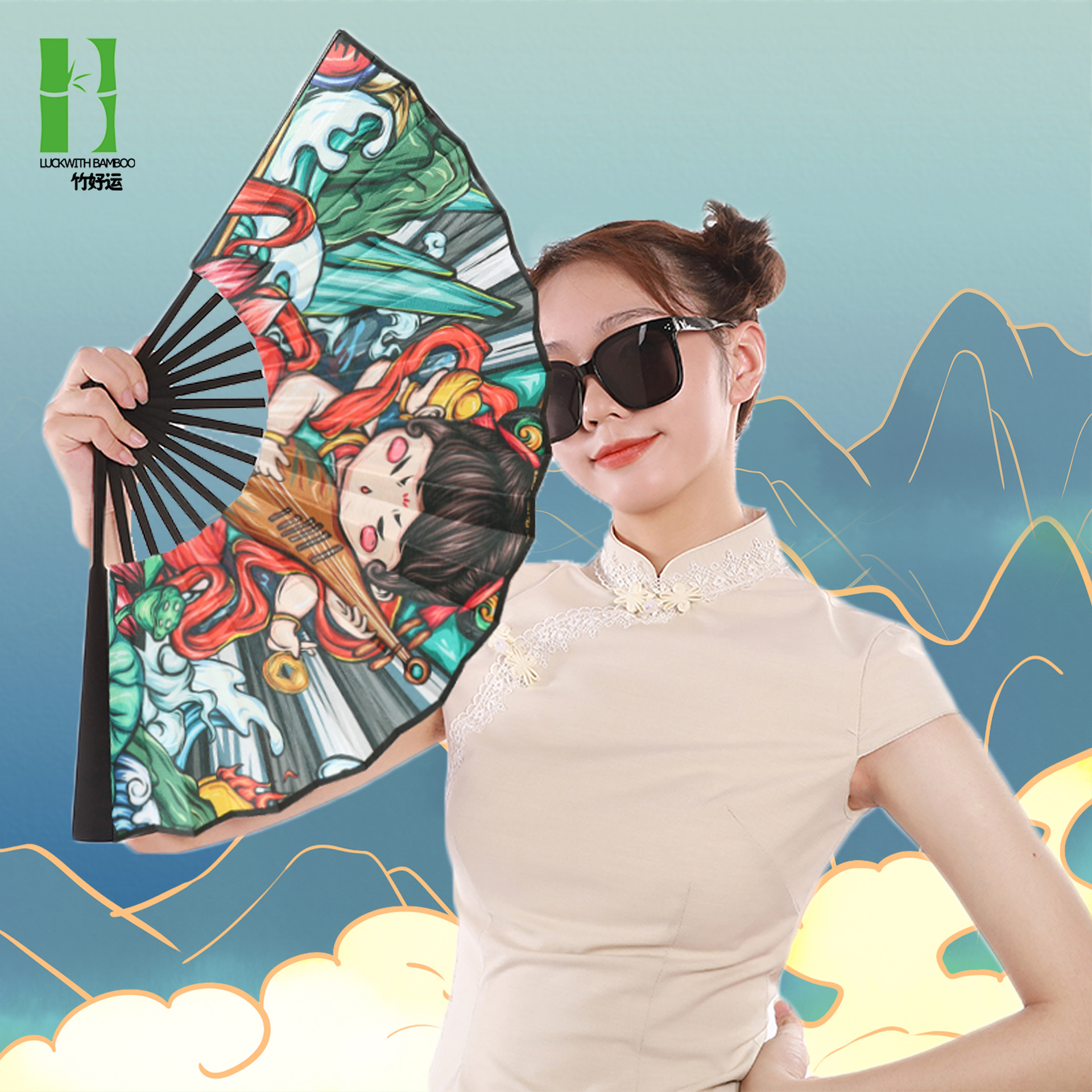 2023 nuevo paño de seda ventilador de bambú ventilador de dama de honor ventilador de regalo estilo nacional saludo ventilador de dibujos animados disco moda nacional ventilador plegable al por mayor