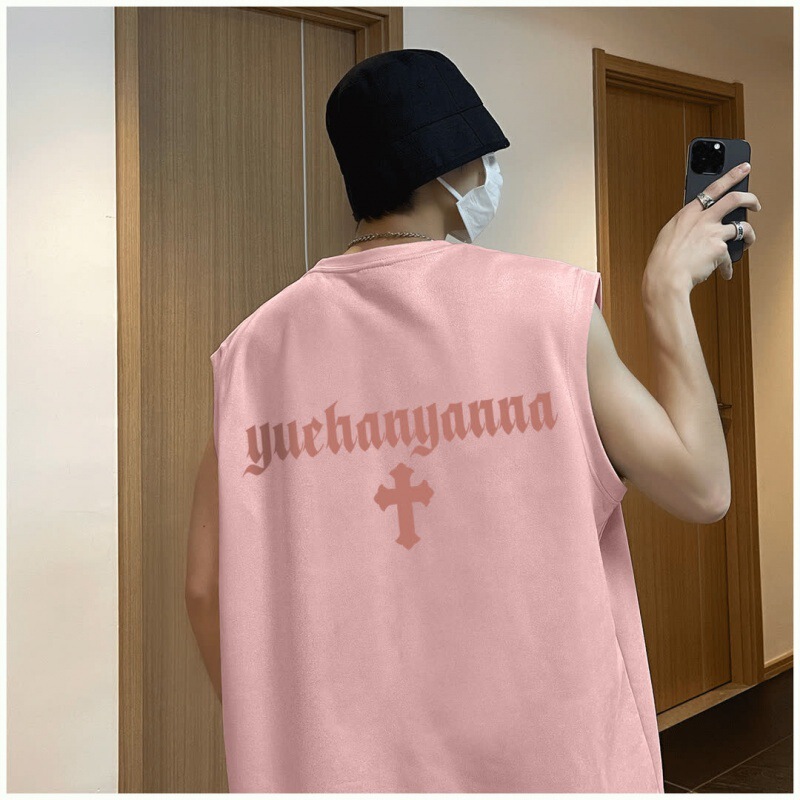 2024 Summer Men's Waistcoat Suede Vest Men's Heavy American Style Retro Casual Loose Sports Sleeveless T-Shirt