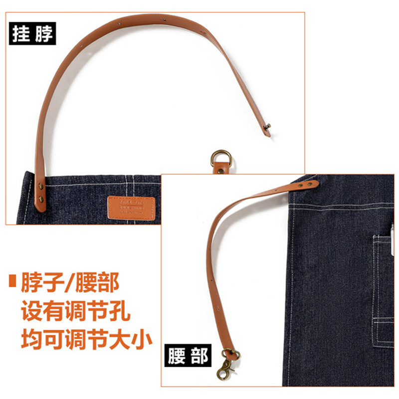 Comercio exterior Denim delantal moda coreana logotipo personalizado restaurante leche té cafetería delantal de trabajo al por mayor personalizado