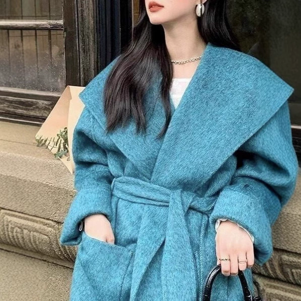 Двустороннее кашемировое пальто цвета павлиньего пера для женщин, осень-зима 2025, элегантное, высококачественное, короткое шерстяное пальто на шнуровке