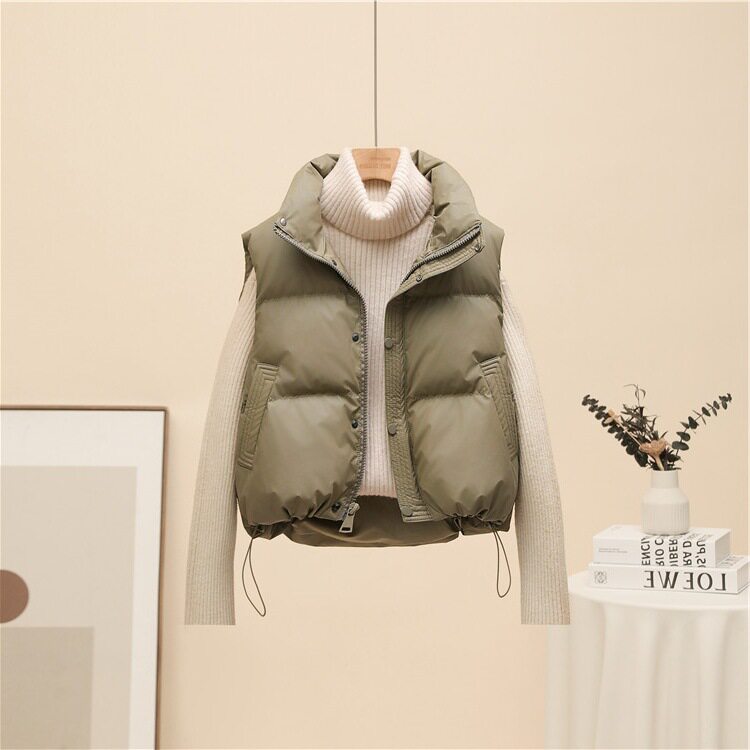 Áo khoác ngắn nữ dáng vest cổ đứng, phối túi khóa kéo ngực, giữ ấm mùa đông — Màu trắng nhạt, Xanh quân đội, màu đen, nâu chi tiết 1