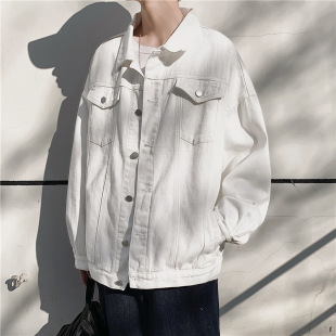 Spring and Autumn White Denim Jacket for Men, Hong Kong Style Loose Trendy Brand Work Jacket, Ins Internet Celebrity Korean Version Trendy Top