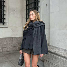 跨境外贸欧美风女装ZA速卖通爆款秋冬新款时尚斗篷式短款毛衣外套