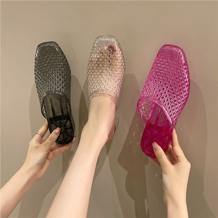 Baotou Sandals for Women, Summer Non-Slip Wedge Heels, Casual Crystal Transparent Lazy Half Slippers, Versatile for Home Wear