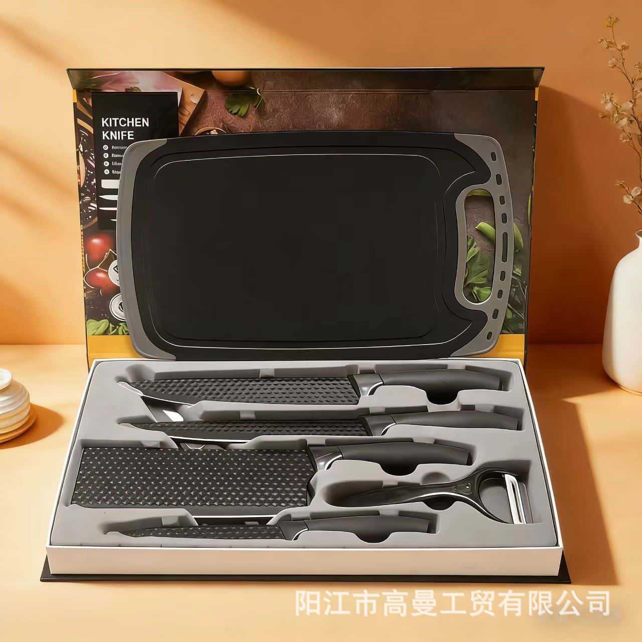 Comercio exterior de acero inoxidable al por mayor cuchillo de cocina conjunto de cuchillo de cuchillo con mango de grasa con tablero de verduras en caja hecha a mano cuchillo casero