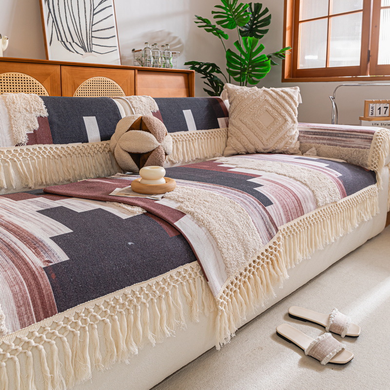 外贸款民族风流苏植绒沙发垫簇绒印花直排皮沙发坐垫防滑靠背盖布