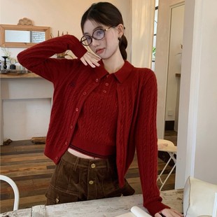 Ylishi Sweet and Spicy Twist Long-Sleeved Sweater Jacket for Women Autumn and Winter New Korean Style Polo Collar with Short-Sleeved Knitted
