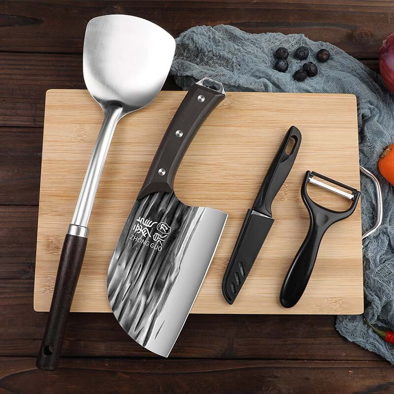 Longquan hueso forjado imitación cuchillo de cocina conjunto de tablero de verduras herramienta de corte de carne de doble propósito combinación de ondas cortar cortar cortar mango de madera cortar verduras