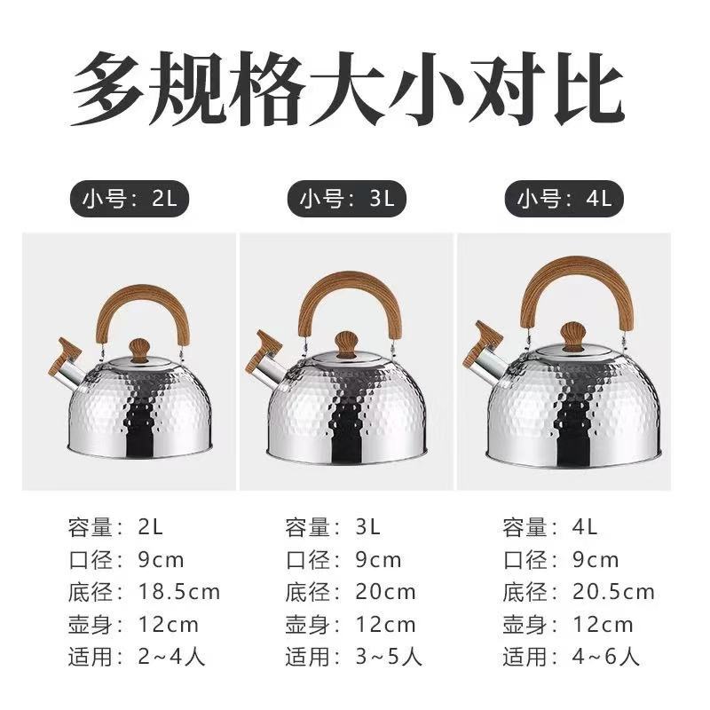 ステンレスケトル 平底ケトル ハンマーパターン レトロ木製ハンドル 大容量 電磁調理器 ガス ガス ユニバーサル