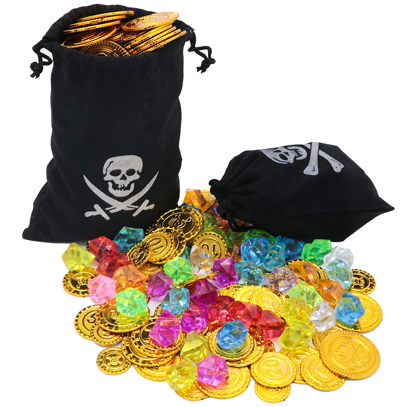 Monedas de oro piratas Halloween props fichas monedas accesorios de juegos de mesa bolsas de monedas de juguetes de plástico monedas de caza del tesoro monedas de oro