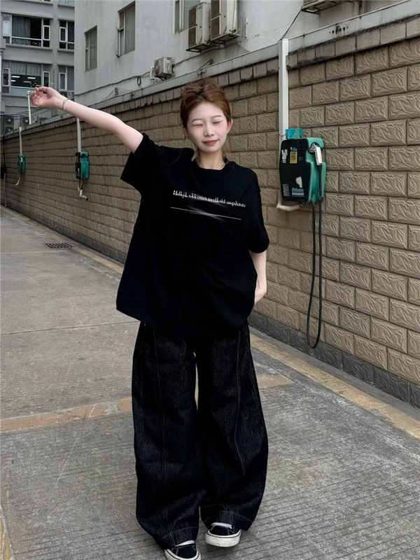 美式高街纯棉黑色短袖t恤女夏2025新款设计感小众宽松半袖上衣潮|undefined