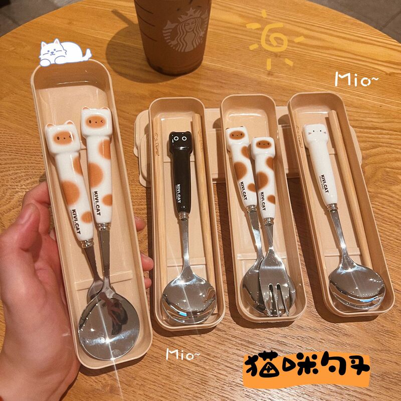 304 Stainless Steel Spoon, Fork and Chopsticks Three-Piece Tableware Set Square-Faced Cat Cute Kidsren's Home Eating Wooden Chopsticks Portable Tableware 304 Stainless Steel Spoon, Fork and Chopsticks Three-Piece Tableware Set Square-Faced Cat Cute Kidsren's Home Eating Wooden Chopsticks Portable Tableware