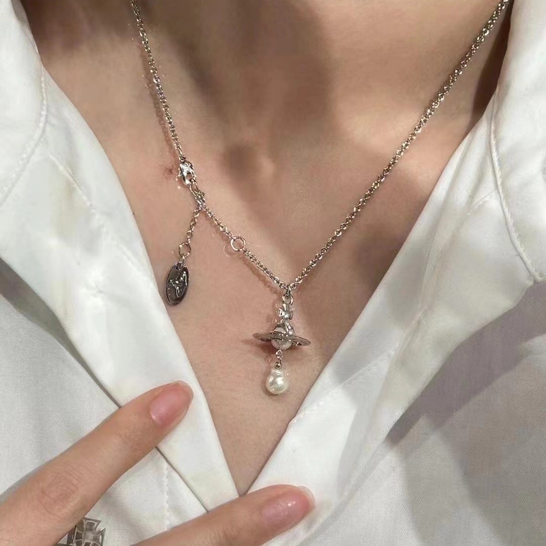 small size High Version Empress Dowager Saturn Stereo Water Drop Baroque Pearl Saturn UFO Planet Necklace