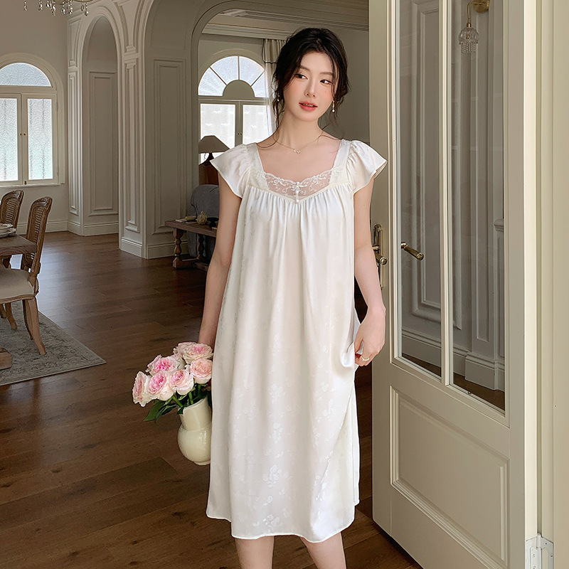 French New Summer Women's Pajamas Satin V Neck Sexy Suspenders Lace Pure Lust Nightgown Home Dress