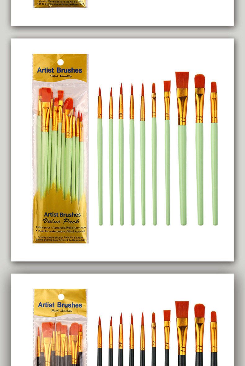 跨境10支塑料杆画笔刷套装珠光蓝彩色套装尼龙毛勾线笔水粉油画笔详情12