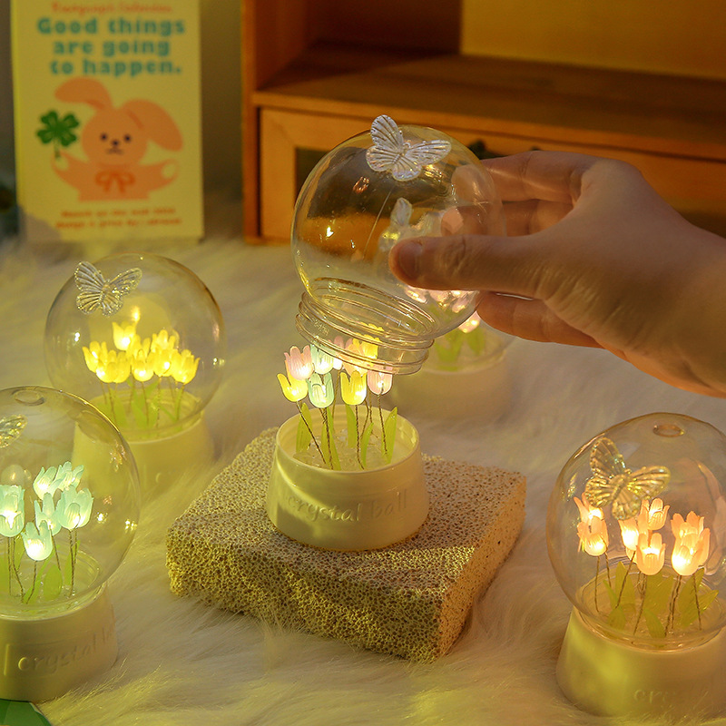 Bola de cristal, flor de rosa, tulipán, luz nocturna, red roja, luz de ambiente de bricolaje, regalo de cumpleaños para novios, día de San Valentín