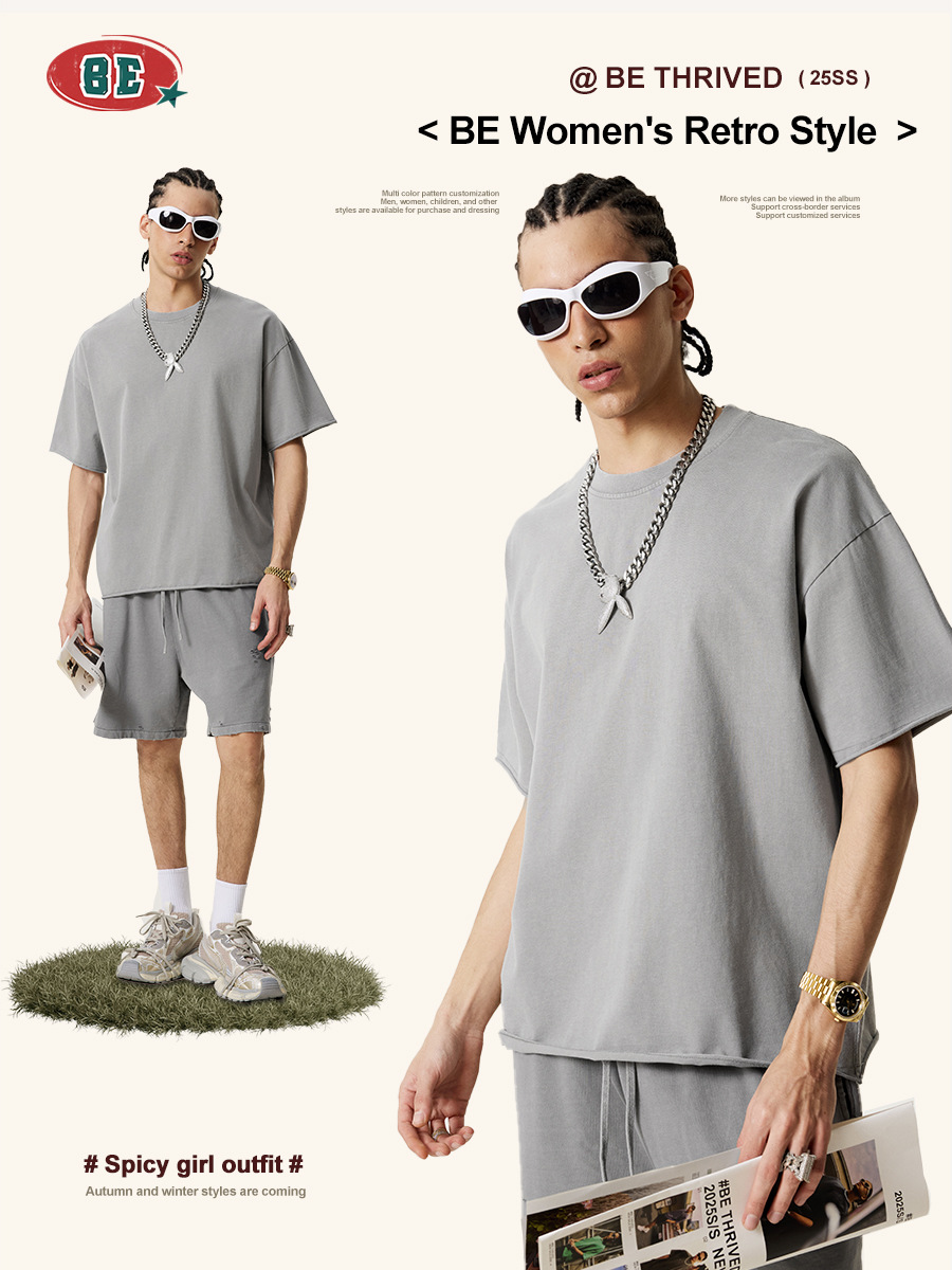 Ropa para Hombre BE | Camiseta de Verano 2025 Estilo Americano, Batik Lavado, Corte Holgado, Tonos Tierra Vintage, Bordes Deshilachados, Manga Corta para Hombre. image 5