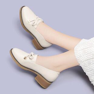 Women's Leather Shoes Spring 2025 New Casual Soft Leather White Shoes Thin Soft Bottom British Mid-heel Round-toe Single-layer Shoes