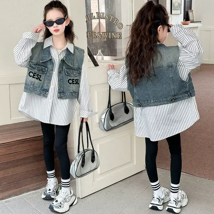 女童春款牛仔马甲套装2025新款儿童洋气时髦开衫女大童春装两件套
