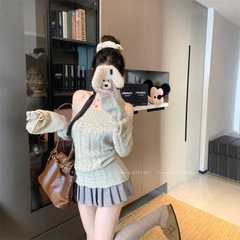 温柔气质一字肩别致针织衫女2025早秋辣妹纯色设计感百搭长袖上衣