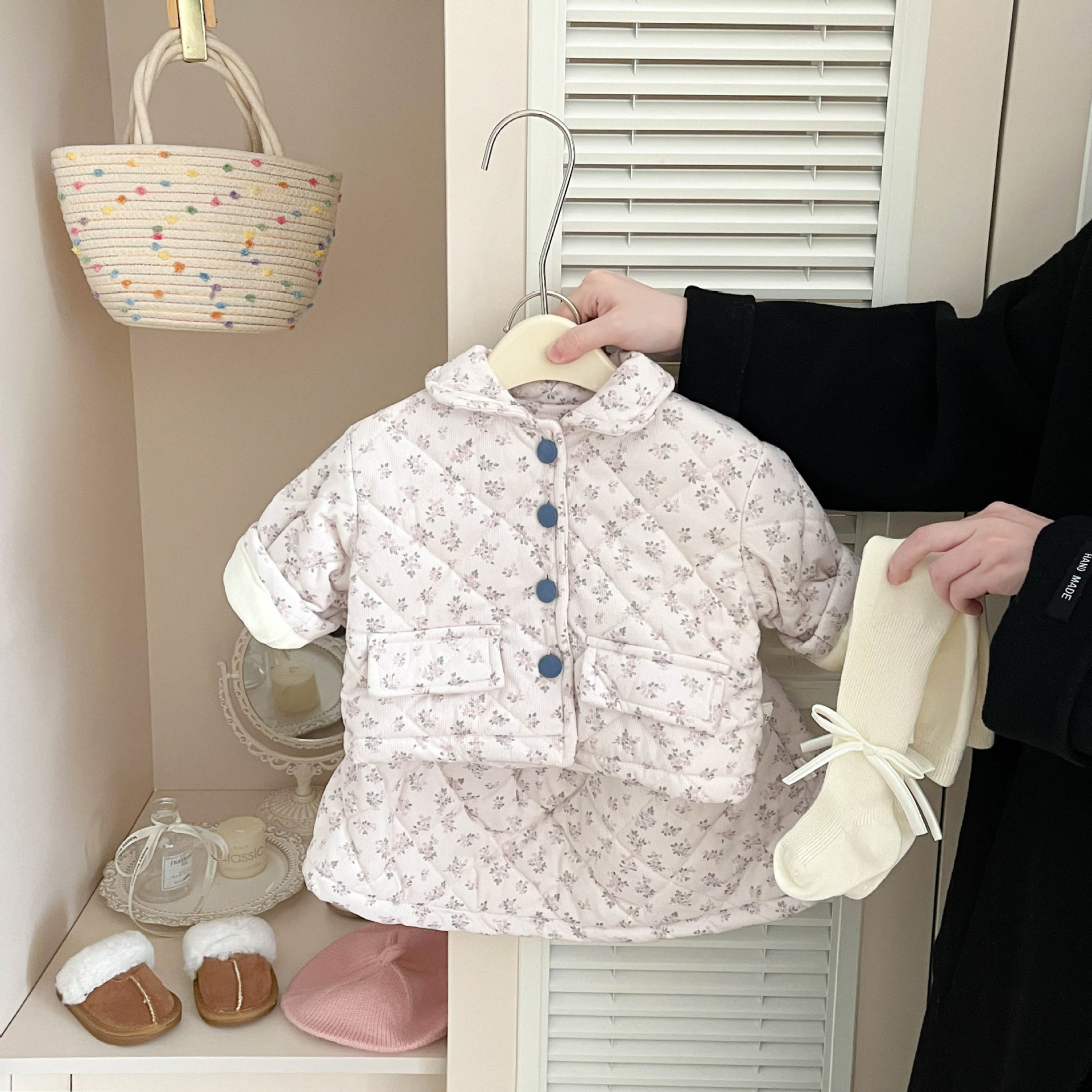 秋冬季女童洋气棉服小套装新款韩系宝宝碎花夹棉衣服保暖半身短裙
