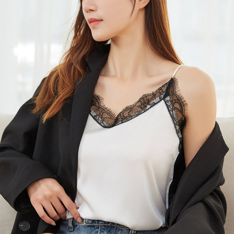 21 Spring and Summer New Loose Backless Solid Color OL Commuter Silk Camisole Women's V-neck Lace Camisole