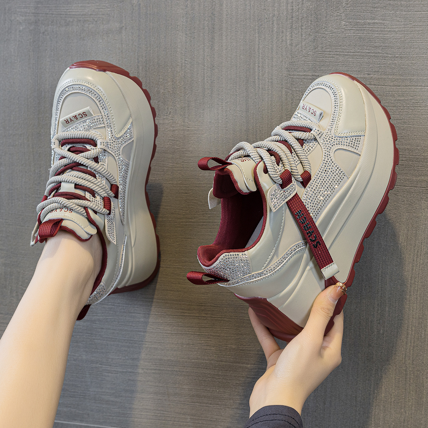 Giày sneaker nữ đế dày phong cách cổ điển phối lưới và da — Vàng lưới 5027-1, Đỏ da 5027, Xám lưới 5027-1, Đỏ lưới 5027-1
