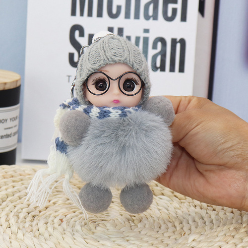 Creative keychain charm featuring a big-eyed cute kid, resembling a plush doll made of faux fur, suitable for bags and as a cartoon accessory.