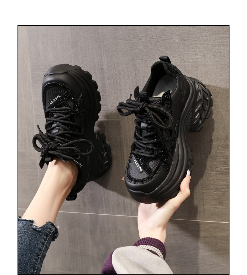 Giày sneaker nữ đế dày tăng chiều cao đính đá pha lê phong cách thể thao — màu đen chi tiết 14