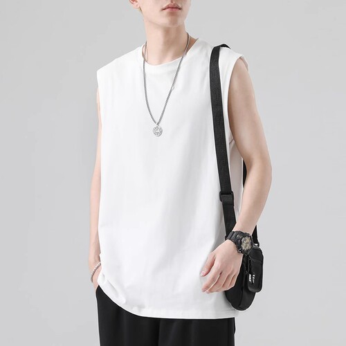 White Men's Spring Youth Basic Loose Hong Kong Style Sleeveless T-Shirt Top Plus Size Casual Crewneck Shirt