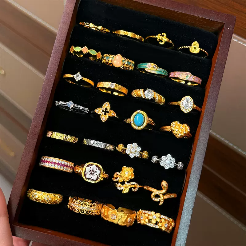 小红书爆款复古风彩色滴油拉丝花朵戒指女小众设计高级感戒子指环