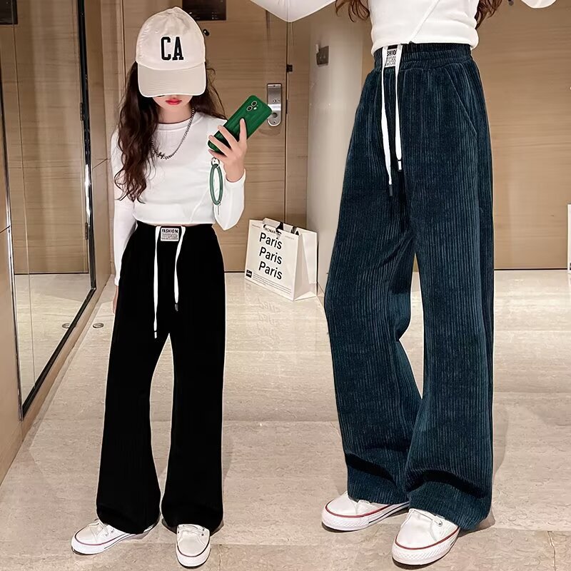2024女の子のズボン秋冬の子供のストレートのワイドパンツの外に冬の春と秋のコーデュロイの中の子供の冬服を着ます。|undefined