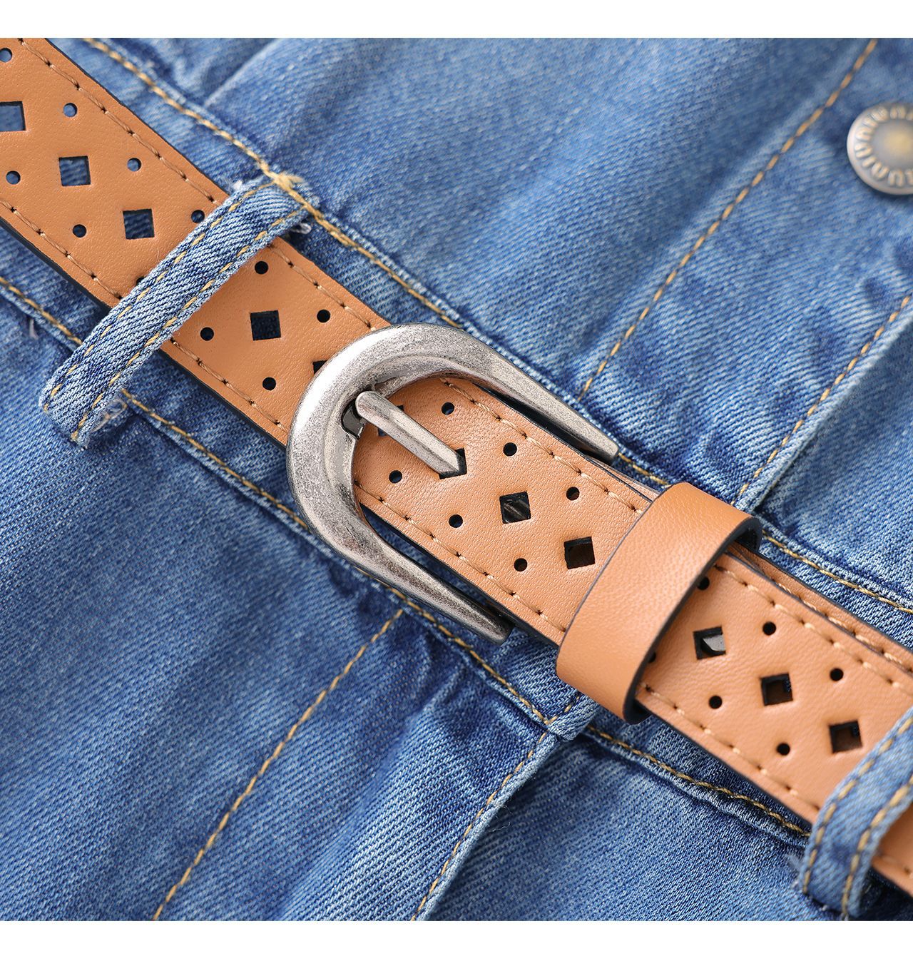 Váy denim nữ cạp cao dáng chữ A tay ngắn mùa hè — Cao bồi xanh chi tiết 20
