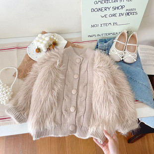 Girls Knitted Cardigan Autumn and Winter 2024 New Style Kidsren's Style Imitation Mink Velvet Top Little Girl Sweater Jacket