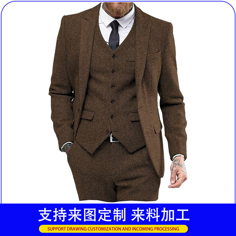 Men's Three-Piece Suit Herringbone Pattern Slim Business Casual Banquet Wedding Suit Solid Color Suit Wholesale in Stock
